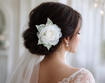 Small Snow White Silk Organza Rose Hair Clip/ Pin Brooch  display picture 1