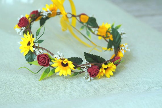 Sunflower & Rose Flower Crown – Burgundy and Yellow Floral  display picture 2