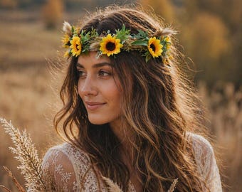 Sunflower Hair Crown, Rustic Bridal Flower Crown, Boho Woodland Wedding Headpiece, Flower Girl Halo
