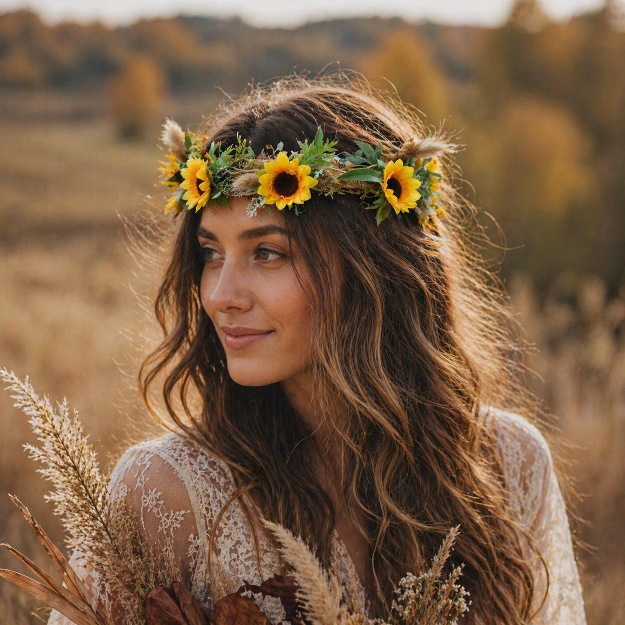 Sunflower Hair Crown, Rustic Bridal Flower Crown, Boho 