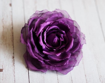 Dark Purple Rose Pin Hair, Purple Rose Hair Clip, Purple Flower Brooch, Purple Fascinator, Chiffon Fabric Flower Clip, Purple Hair Accessory