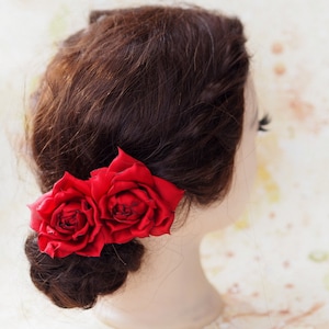 Red Flower Hair Clip, Red Rose Hair Piece, Spanish Rose for Hair, Red Satin Hair Flower Clip, Burgundy Fabric Rose Brooch, Red Flower Brooch