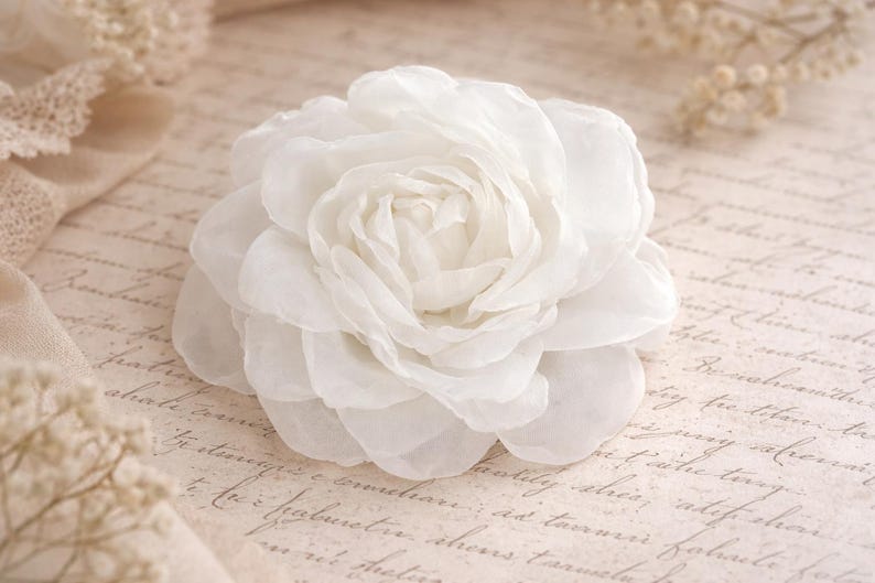 Large White Rose Hair Clip, Silk Flower Brooch, Bridal Hair Accessory, Wedding Corsage Pin image 8