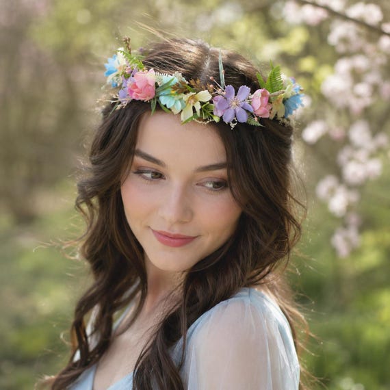 Pastell Blumenkranz für Erwachsene, Boho Blumenkranz, Hochzeit Kopfschmuck, Rosa Blauer Haarschmuck