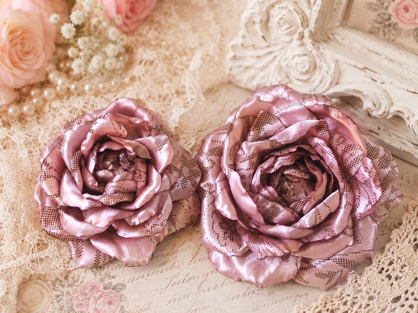 Dusty Pink Satin Hair Flower, Mauve Lace Rose Clip, Vintage Bridal