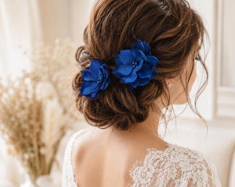 Royal Blue Satin Hair Flower Clip, Blue Bridal Hair Accessory, Something Blue Wedding Hair Pin, Bridesmaid Gift