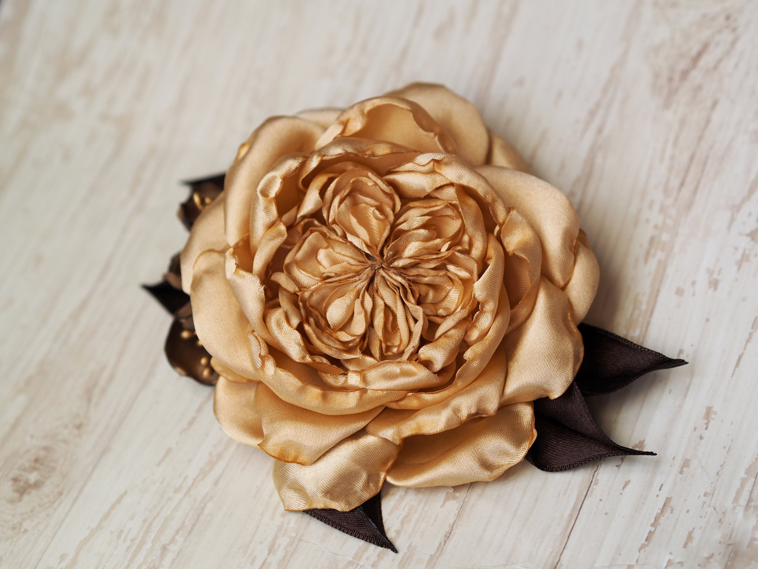 Gold Satin Rose Hair Clip or Brooch – Vintage Bridal Flower 