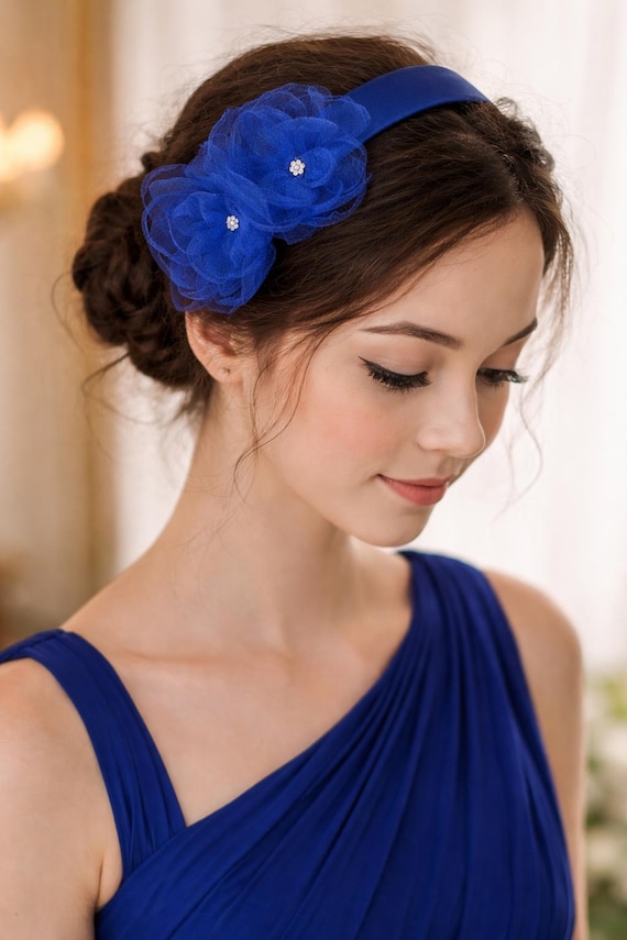 Royal Blue Flower Headband, Tulle Fascinator Hair Accessory  display picture 3