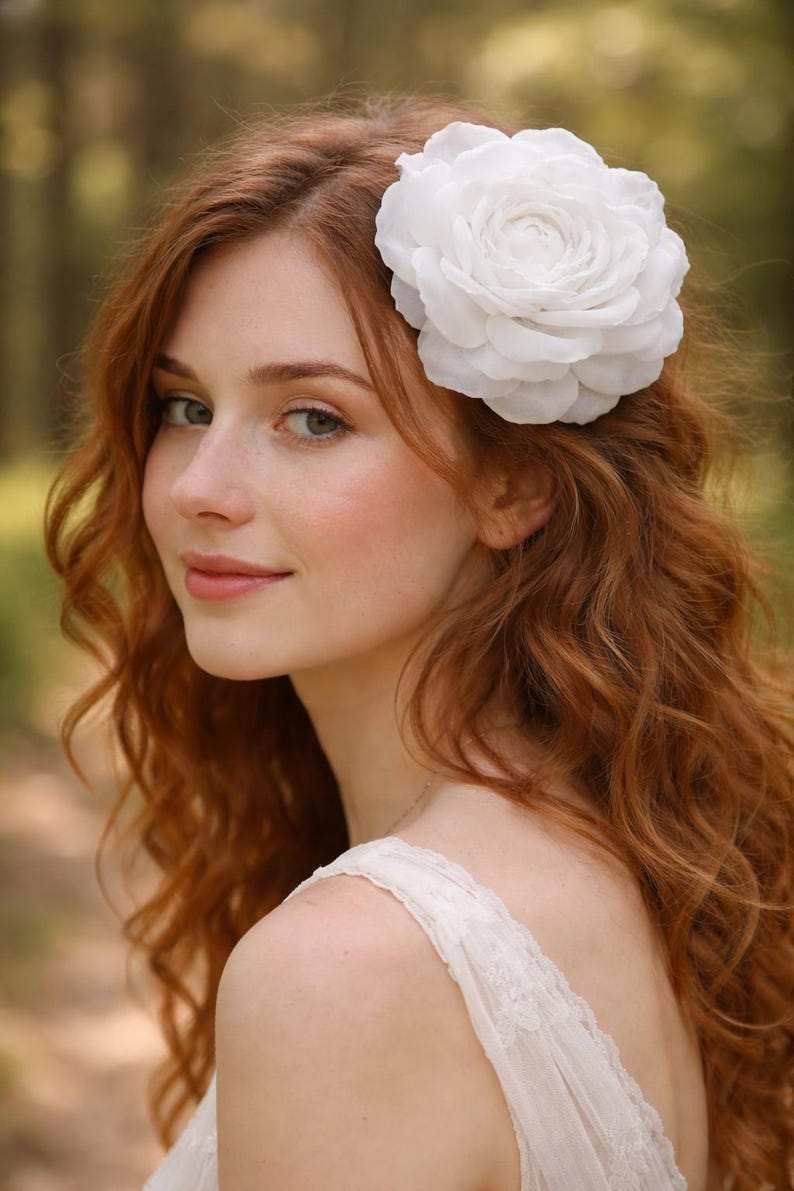 Large White Rose Hair Clip, Silk Flower Brooch, Bridal Hair Accessory, Wedding Corsage Pin image 3