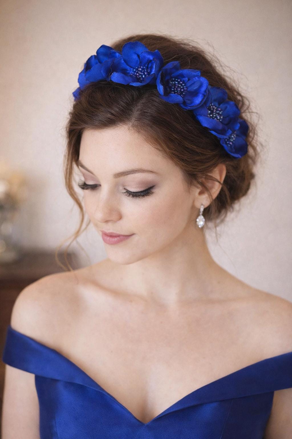 Royal Blue Flower Headband | Cobalt Satin Hairpiece for  display picture 1