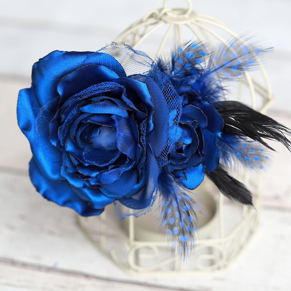 Blaue Blume Haarschmuck, Royal Blau Rose Haarspange, Royal Blau Abschlussball Haarkamm, Royal Blau Blumen Brosche, Mutter der Braut Kopfschmuck