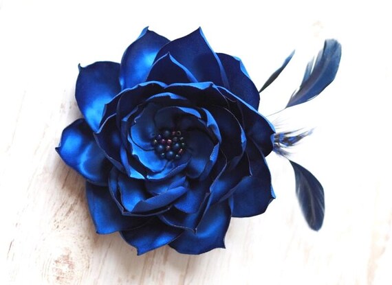 Barrette Cheveux Velours Et Satin Fleur Bicolore Bleu Roi/noir - Neuf Sans étiquettes, Fabrication Française