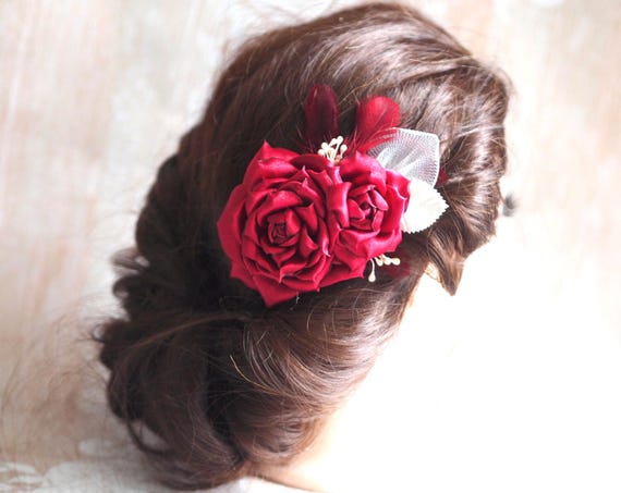Red Rose Hair Fascinator With Feathers – Romantic Bridal or  display picture 1