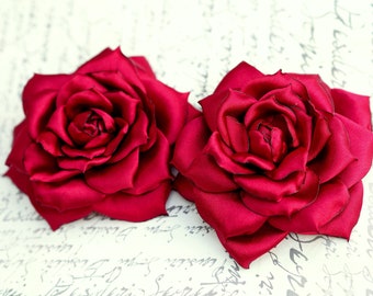 Red Rose Hair Accessory, Satin Rose Brooch Pin, Red Flower Hairpiece, Satin Rose Pin Red, Burgundy Headpiece, Red Wedding Hair Flower Clip