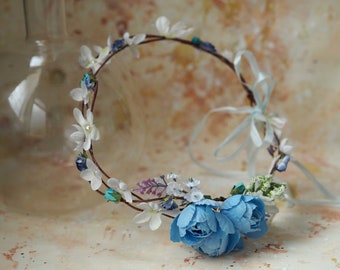 Casque de fleur bleue, couronne de fleur de mariée rose bleue, couronne de fleur de sirène pour femmes, bandeau de fleur de fée bleu blanc, diadème floral bleu