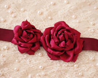 Red Satin Flower Sash Belt - Burgundy Wedding Sash for Bride or Maternity, Detachable Artificial Flowers, Boho Bridal Ribbon Belt
