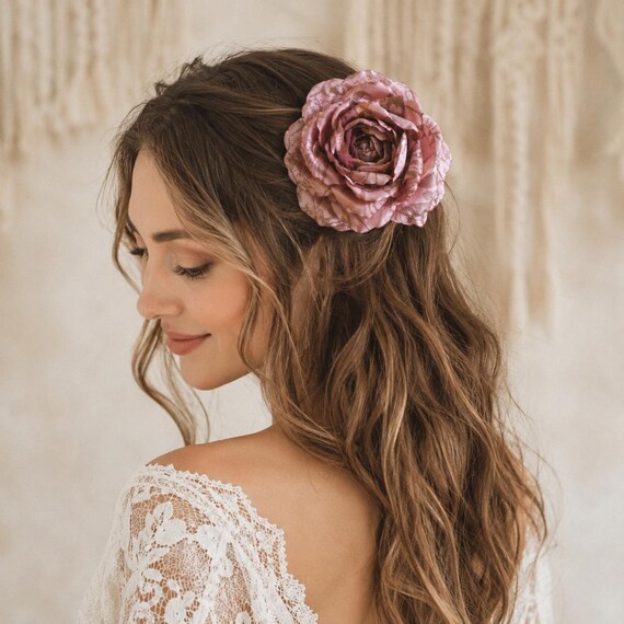 Dusty Pink Satin Hair Flower, Mauve Lace Rose Clip, Vintage Bridal