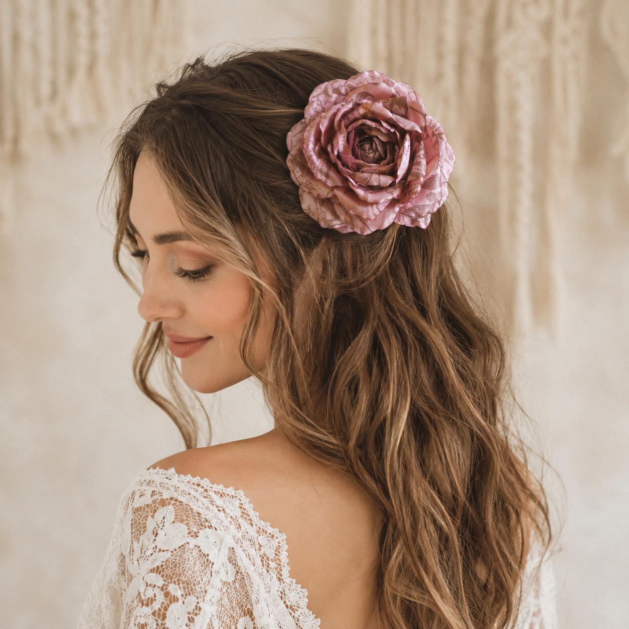 ヘアアクセサリー rosepink1029 Dusty Pink Satin Hair Flower, Mauve Lace Rose Clip, Vintage Bridal