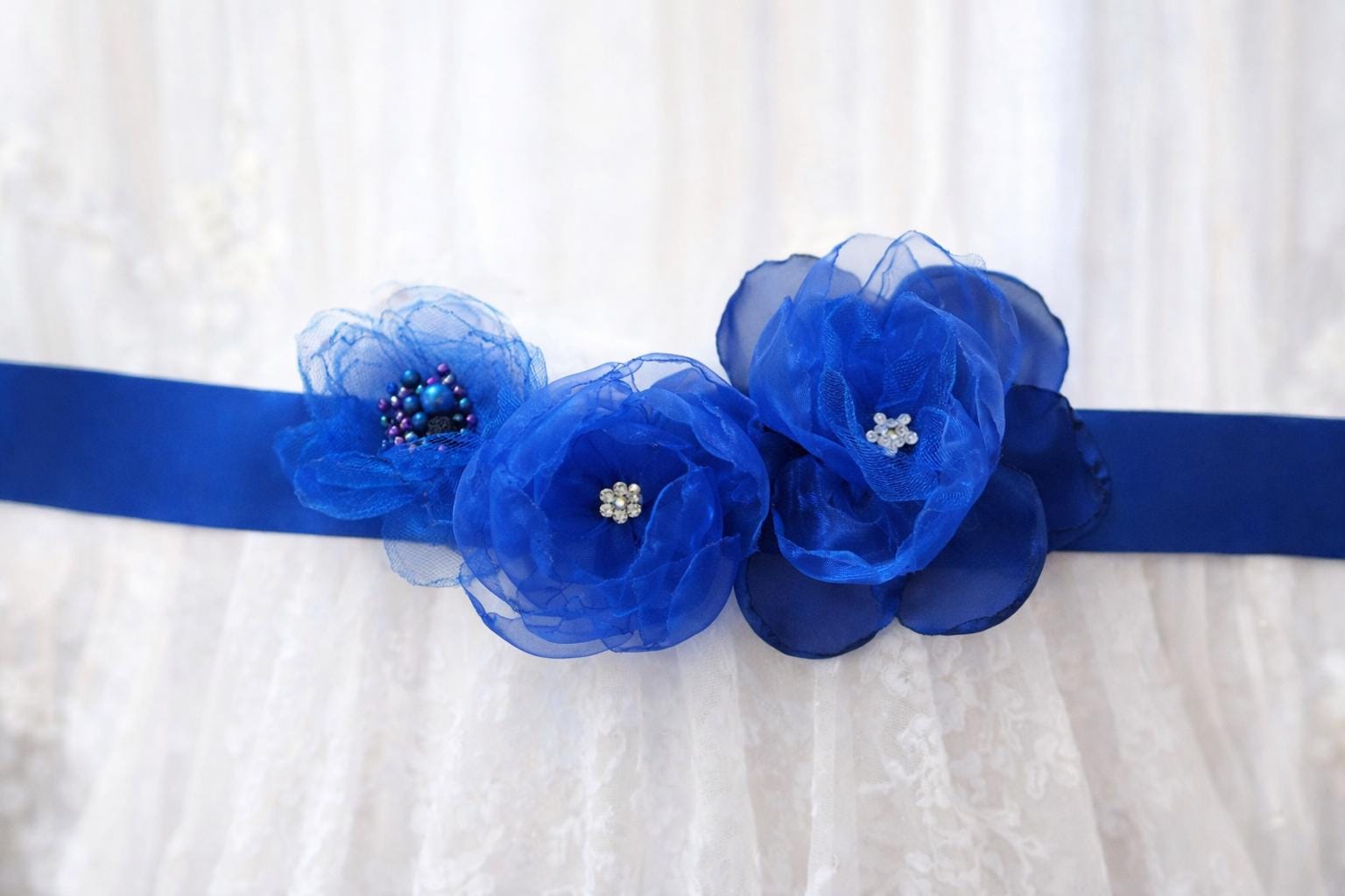 Rhinestone Floral Sash Belt with Royal Blue Ribbon BELLA Navy Blue Vintage Inspired Bridal Sash | Chiffon  main image 3