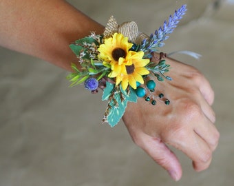 Sunflower Corsage Boho, Sunflower Wrist Corsage, Lavender Sunflower Wedding Corsage, Flower Bracelets for Bridesmaids, Prom Corsage Bracelet