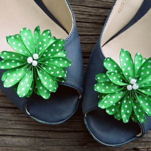 Polka Dot Green Shoe Clips, Ribbon Flowers for Shoes, Green Flower Shoes Pins, Emerald Green Shoe Clips, Rockabilly Shoe Clips Decoration image 1