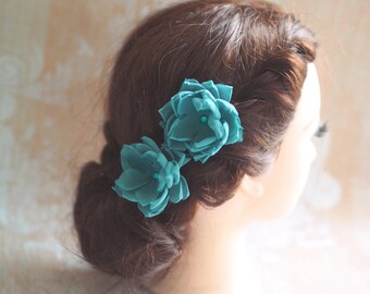 Teal Chiffon Flower Hair Clip, Teal Wedding Hair Accessory 
