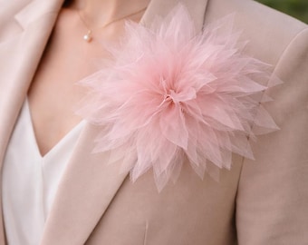 Blush Organza Flower Hair Clip, Pink Bridal Flower, Silk Brooch, Wedding Sash Corsage
