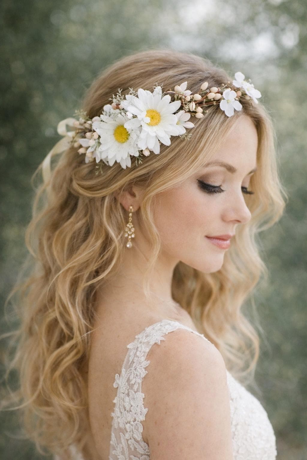 Daisy Flower Crown – Woodland Bridal Hair Wreath, Boho Wedding