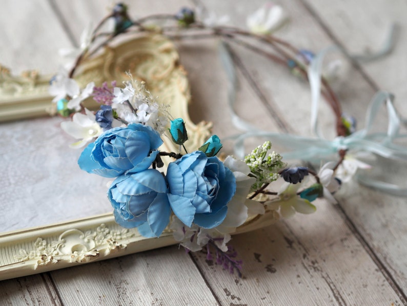 Bridesmaid Crown Bridal Circlet Woodland Head Wreath Flower Girl Crown Blue Flower Crown Spring Hair Crown Rose Bridal Crown