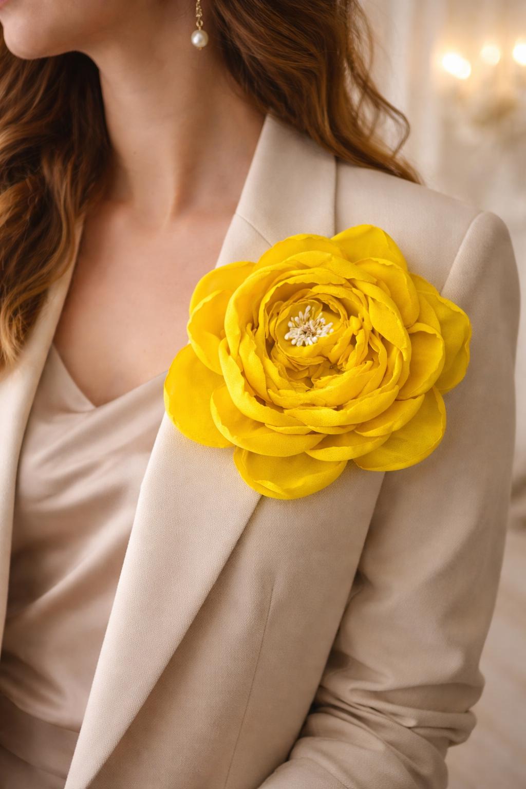 Yellow Flower Hair Accessory Floral Fascinator Rose Corsage Rose Brooch Pin Oversized Yellow Flower Brooch – Big Summer Corsage Pin  main image 4