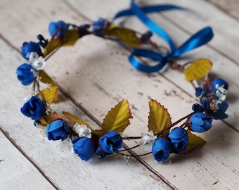 Serre-tête fleuri bleu roi, couronne de fleurs bleu roi, coiffe de fleurs de plage bleu royal, couronne de fleurs bleu roi, diadème de maternité pour séance photo