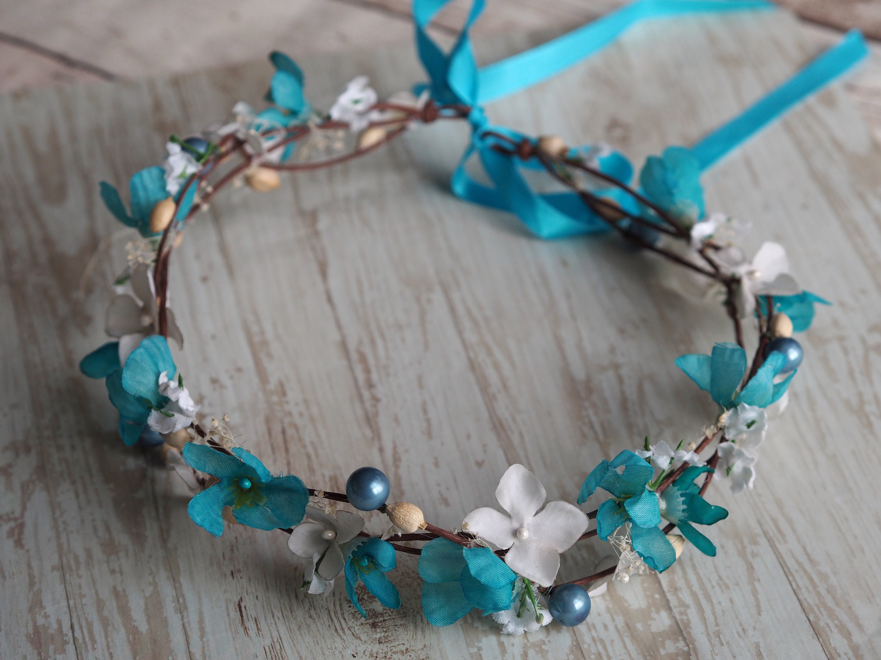 Whimsical Blue Flower Crown – Boho Bridal Headpiece, Woodland Fairy Halo for Weddings, Festivals Flower Tiara, Spring Photoshoots Hair Piece