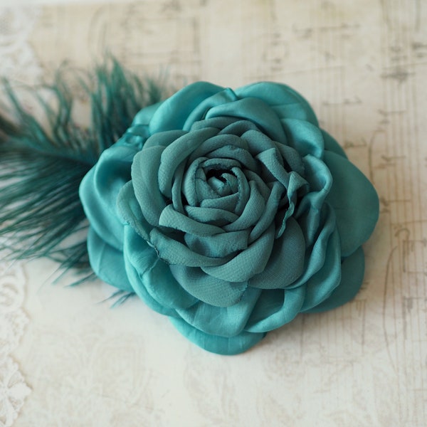 Teal Flower Hair Clip, Teal Fascinator, Teal Hair Accessories, Turquoise Flower Corsage, Teal Flower Brooch, Silk Hair Flower Pin Feather