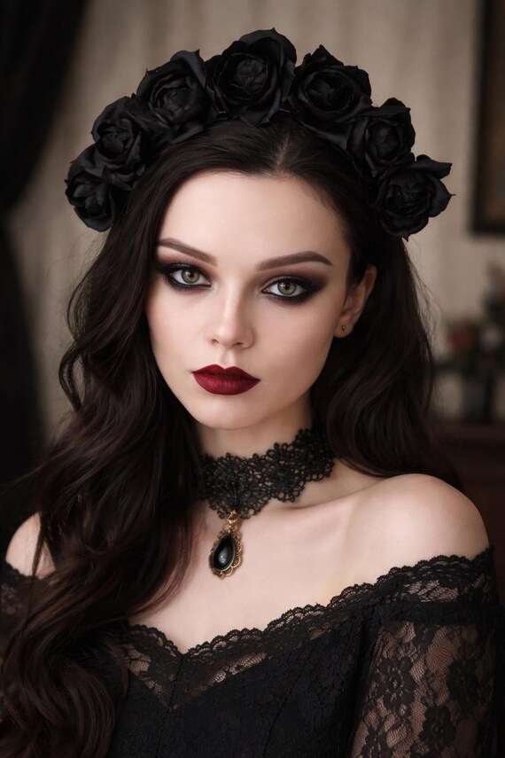 Gothic Black Rose Headband, Black Flower Crown, Satin Rose 