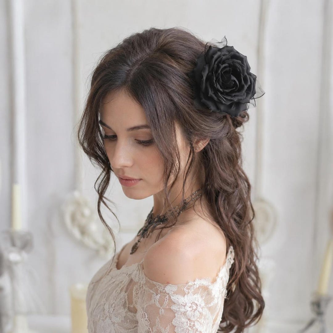 Black Rose Hair Clip Brooch, Gothic Black Flower Hair Accessory