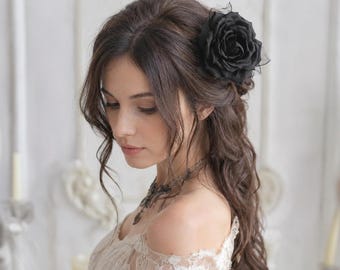 Black Rose Hair Clip Brooch, Gothic Black Flower Hair Accessory, Satin Rose Pin for Wedding Halloween Bridal Corsage