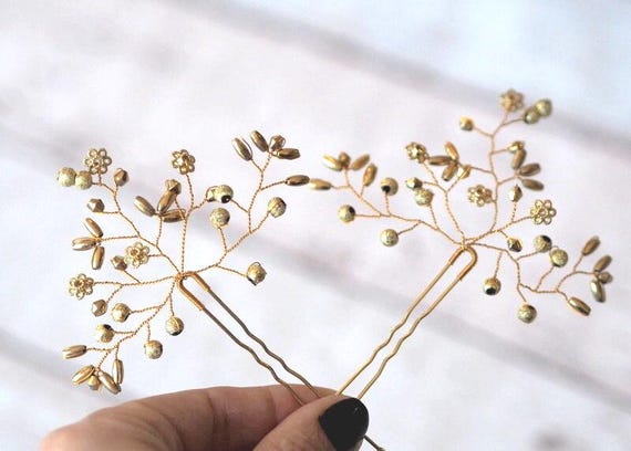 Gold Wedding Hair Pins, Delicate Bridal Headpiece Set  display picture 2