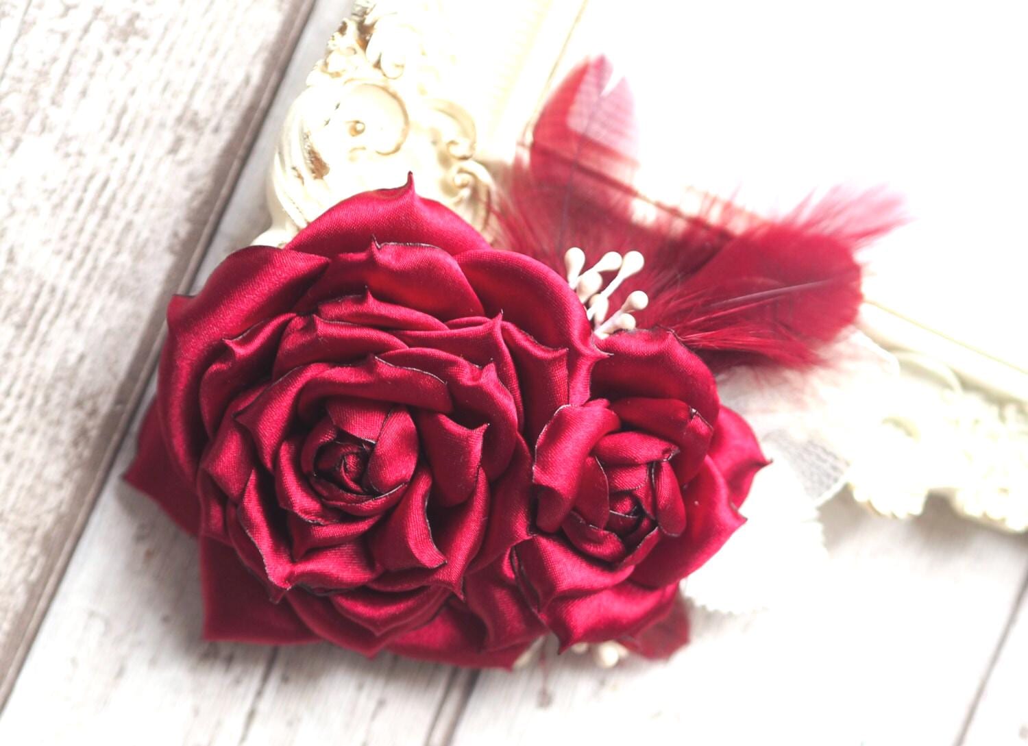 Red Floral Fascinator Hair Clip Flower Corsage Flower Floral Hair Accessory Red & Burgundy Hair Flower Fascinator Clip | Flowers for Hair main image 3