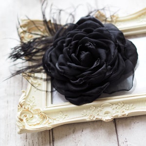 Black Rose Hair Clip, Black Hair Flower, Black Feather Brooch Rose, Black Flower Hair Accessory, Black Fascinator, Black Wedding Flower Pin image 10