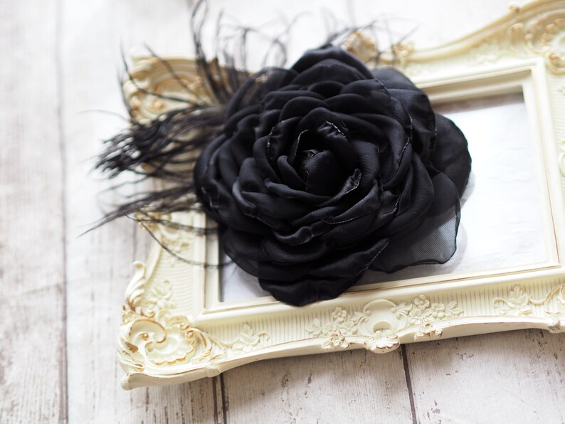 Black Rose Hair Clip, Black Hair Flower, Black Feather Brooch Rose, Black Flower Hair Accessory, Black Fascinator, Black Wedding Flower Pin image 10