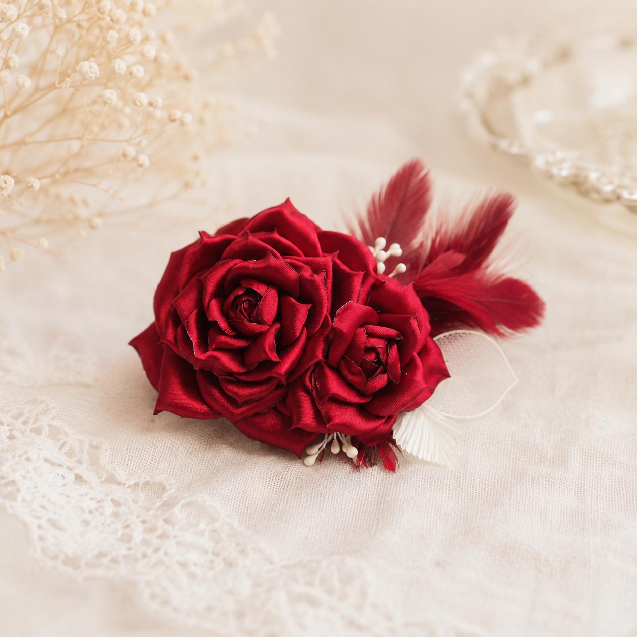 Red Satin Flower hair clip with Crystal Fringe Ruby Peony Tassel Hair Clip main image 2