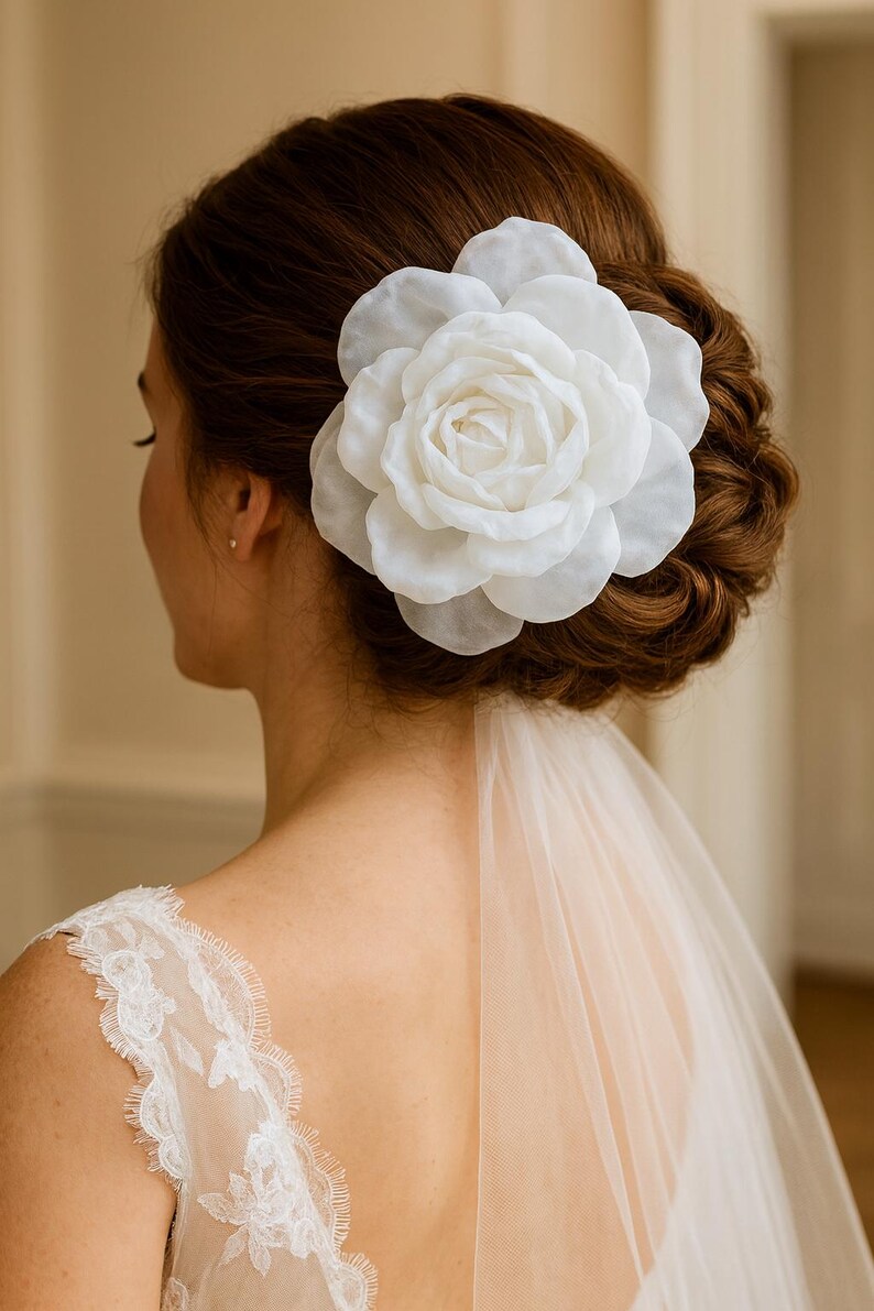 Large White Rose Hair Clip, Silk Flower Brooch, Bridal Hair Accessory, Wedding Corsage Pin image 4