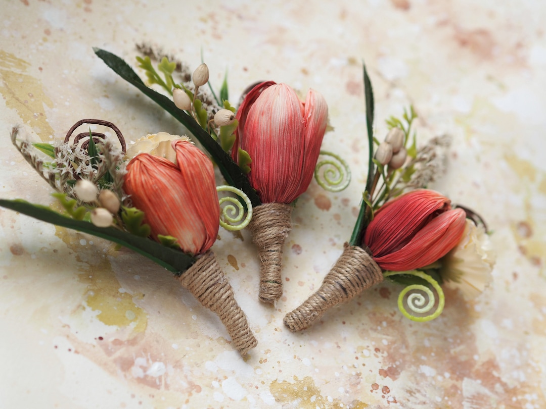 Tulip Boutonniere Wedding, Rustic Dried Boutonniere, Tissue Paper