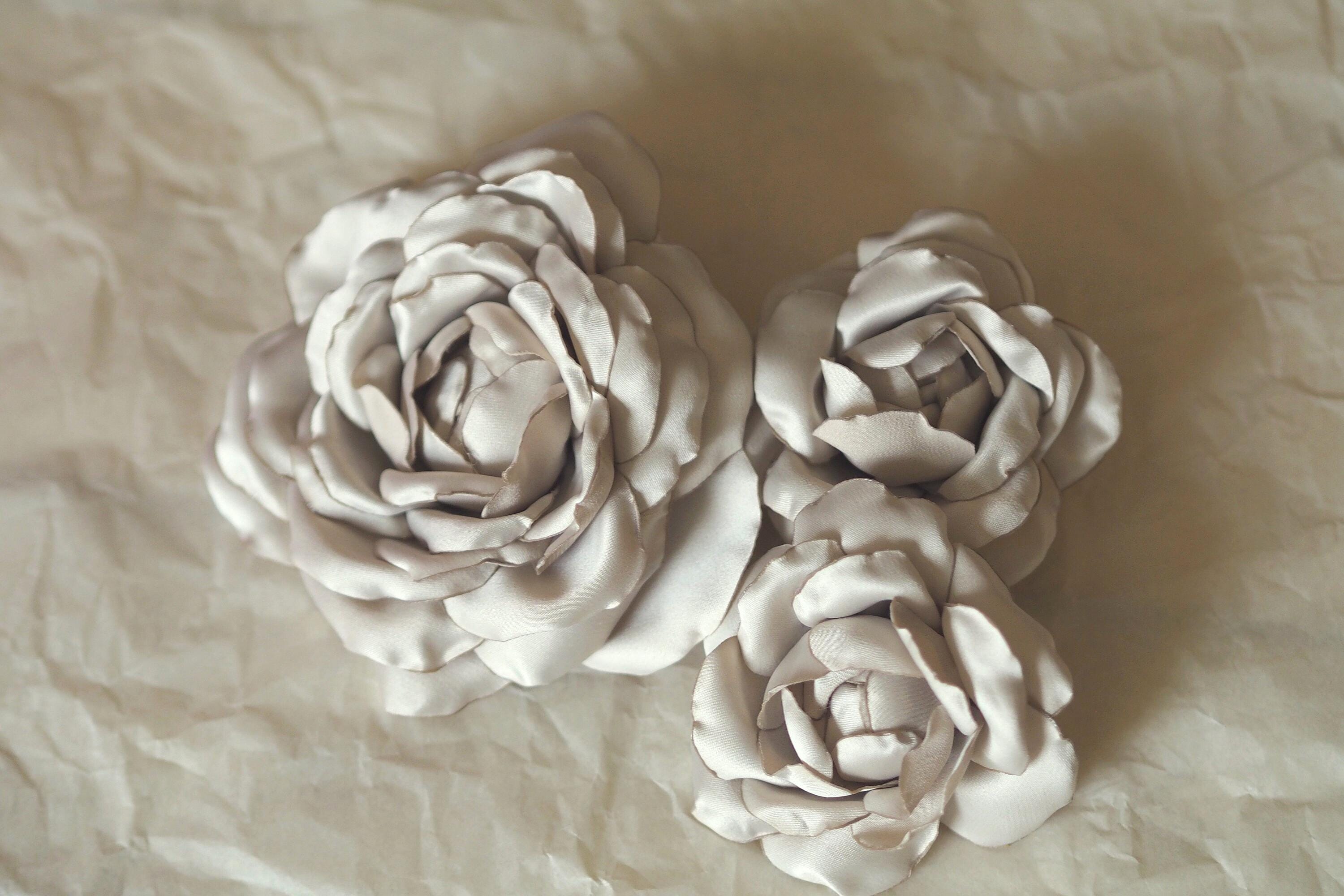 Fermaglio Per Capelli E Spilla A Rosa Vintage - Tessuto Raso - Lunghezza 10 Cm - Colore Champagne - Fatto A Mano - 4
