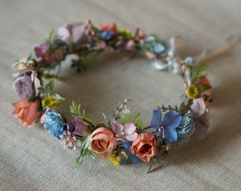 Pink and Blue Flower Crown, Flower Crown Spring Wedding, Blue Pink Floral Crown Maternity, Maternity Boho Wreath, Headband Pastel Flower