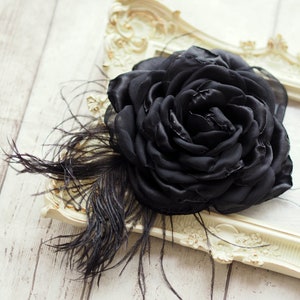 Black Rose Hair Clip, Black Hair Flower, Black Feather Brooch Rose, Black Flower Hair Accessory, Black Fascinator, Black Wedding Flower Pin image 6