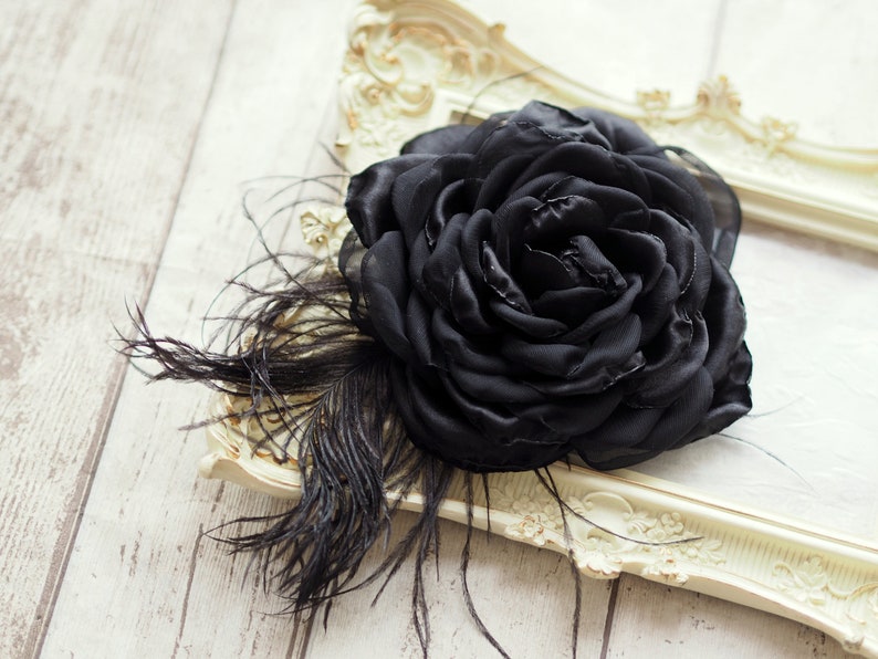 Black Rose Hair Clip, Black Hair Flower, Black Feather Brooch Rose, Black Flower Hair Accessory, Black Fascinator, Black Wedding Flower Pin image 6