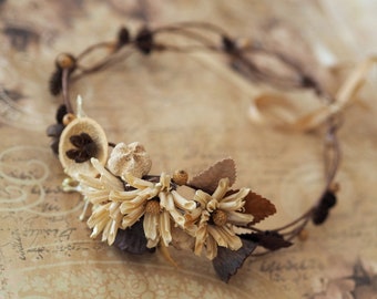 Dried Flower Crown Boho, Woodland Boho Head Crown, Woodsy Autumn Crown, Fairy Nature Headpiece, Fall Wedding Headband, Forest Elf Hairpiece