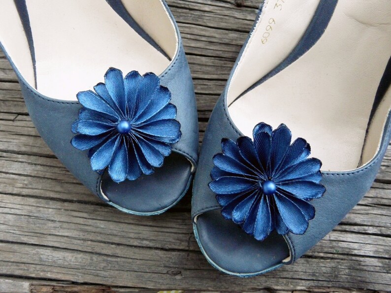 Navy Blue Shoes Clips Blue Satin Flower Shoes Clips Cobalt Etsy
