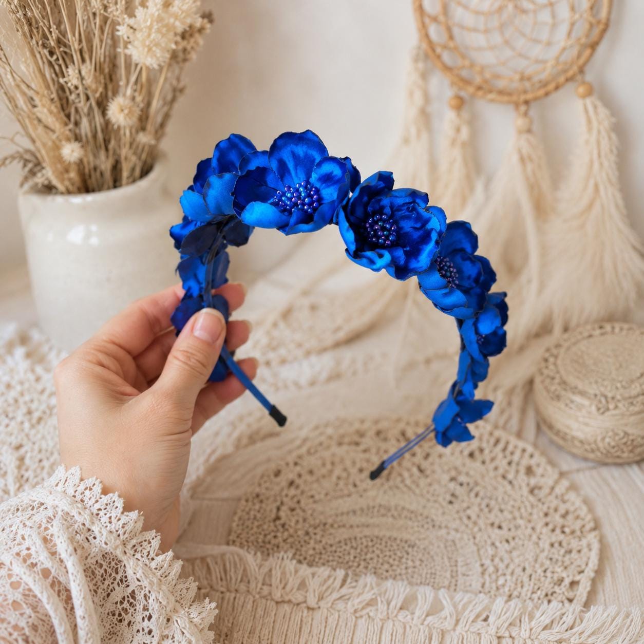 Royal Blue Flower Headband | Cobalt Satin Hairpiece for  display picture 2